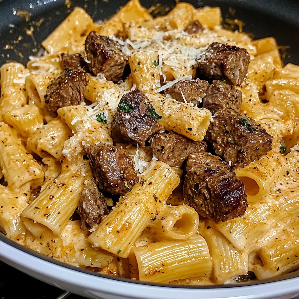 Cajun Steak Tips in Cheesy Rigatoni Parmesan Sauce 30 Minutes Ultimate Delicious