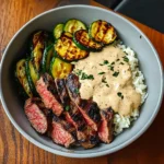 Grilled Steak Bowl with Sauce & Grilled Zucchini - 30 Minutes Ultimate Delicious