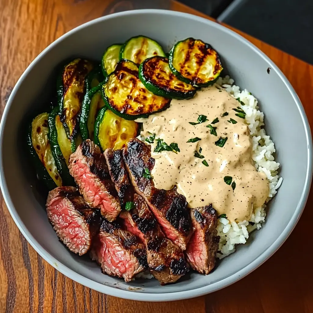 Grilled Steak Bowl with Sauce & Grilled Zucchini - 30 Minutes Ultimate Delicious