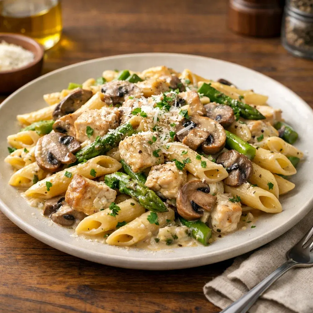 Creamy Mushroom & Asparagus Chicken Penne - 30 Minutes Easy Delicious