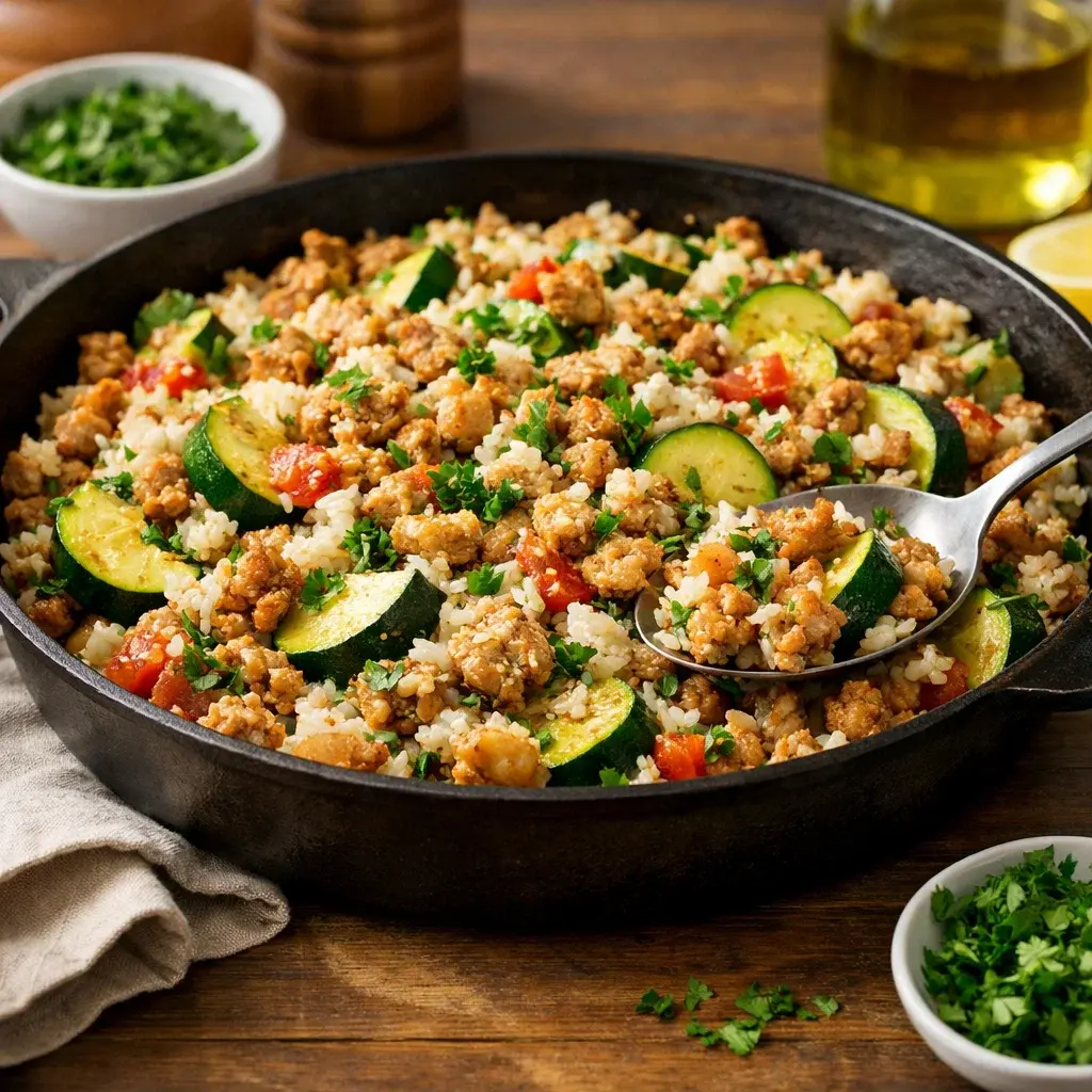 Ground Chicken Zucchini Rice Skillet 30 Minutes Easy Delicious