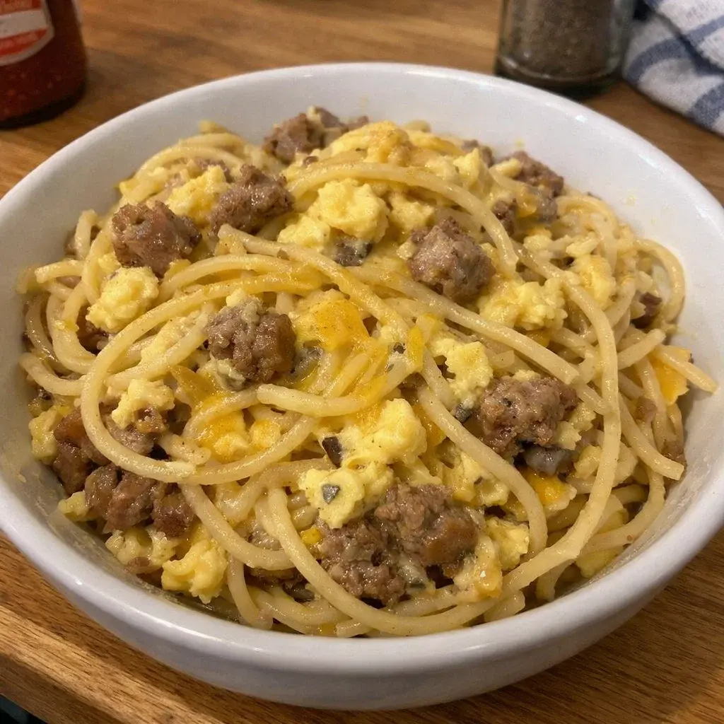 Sausage Egg & Cheese Breakfast Spaghetti 5 Steps Amazing